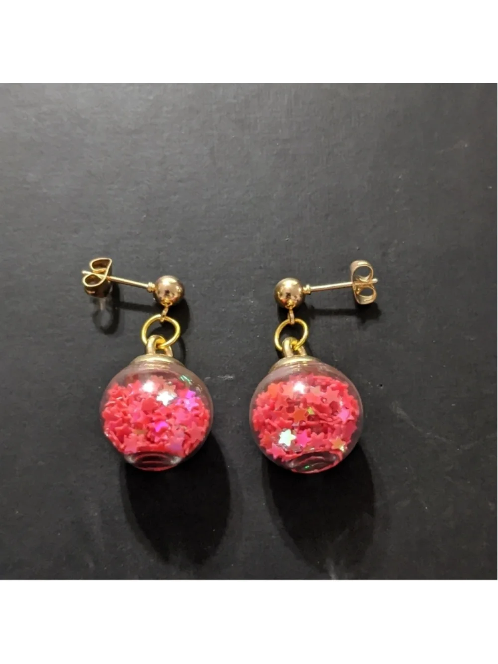 Gold Tone Coral Pink Iridescent Star Filled Balls Dangle Drop Statement Earrings